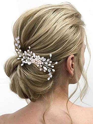 Catery Rhinestones Bride Wedding Hair Comb Silver Pearl Bridal Hair Pieces Pink Opal Beaded Side Combs Bridal Hair Accessories For Women And Girls #TOP15
