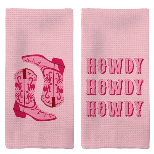 Tzhim Hot Pink Kitchen Towels, Pink Western Cowgirl Decor, Howdy Hand Dish Towels Dishcloths Tea Towels for Kitchen Girls Room Dorm, Cowgirl Room Kitchen Bathroom Decor Set of 2, 16x24in