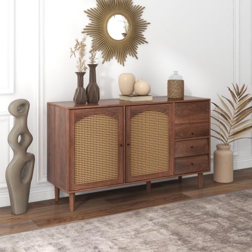 SogesHome Armario Auxiliar buffets aparador Cocina Comedor Armario con Inserto de ratán 3 Puertas 2 cajones Irregulares para Almacenamiento, 130 x 40 x 75.5 cm