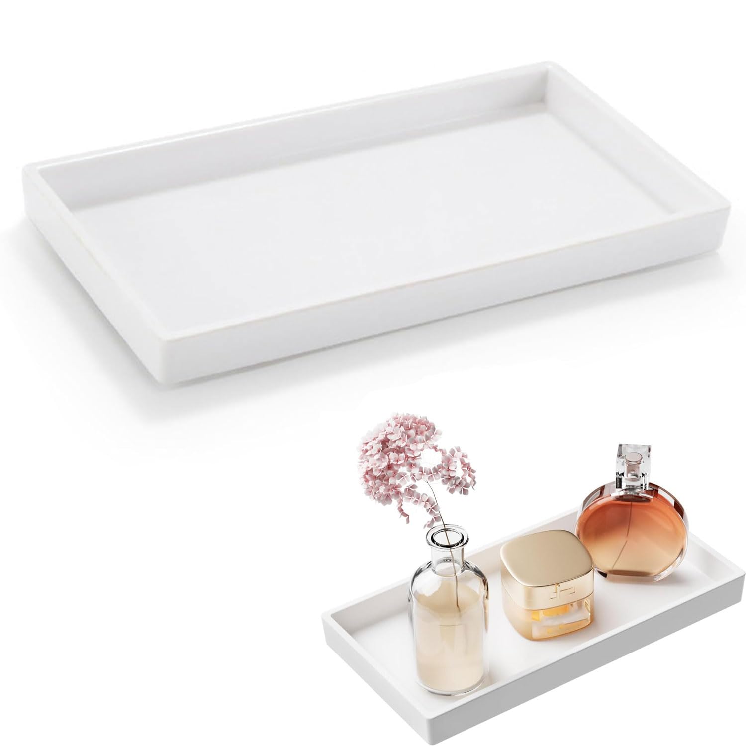 Joyola White Bathroom Vanity Tray, 22 * 12 * 2Cm Trays For Cosmetics Rectangular, Rectangle Jewelry Tray, Decorative Trinket Dish For Perfume, Cosmetic, Soap Dispenser, Candle, Kitchen Sink