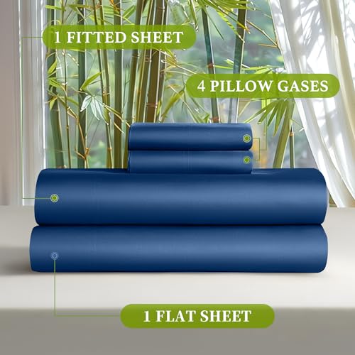Shilucheng 100% Viscose Derived from Bamboo_ Sheets King Size 6pcs - Ultra Cooling & Silky Soft Bed Sheets, 16" Deep Pocket, Perfect for Hot Sleepers, Hotel Bedding Sheets (Navy Blue)