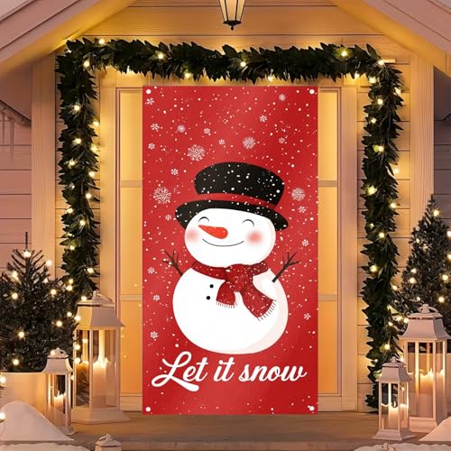 Image of BlissYard Merry Christmas Door Cover 71x35 Inch Front Porch Door Banners Decoration Winter Red Background Snowman with Hat and Scarf Winter Wonderland Theme for Sign Party Indoor Decor