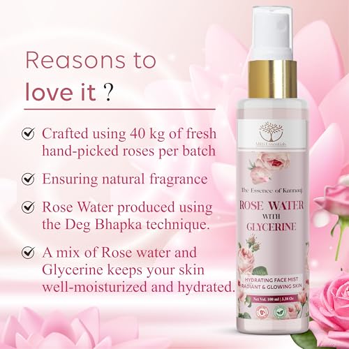 Image of 100% Pure Kannauj Rose Water with Glycerine Hydrating Face Mist - Radiant & Glowing Skin - Made with 40KG of Steam-Distilled Kannauj Roses - 100 ML
