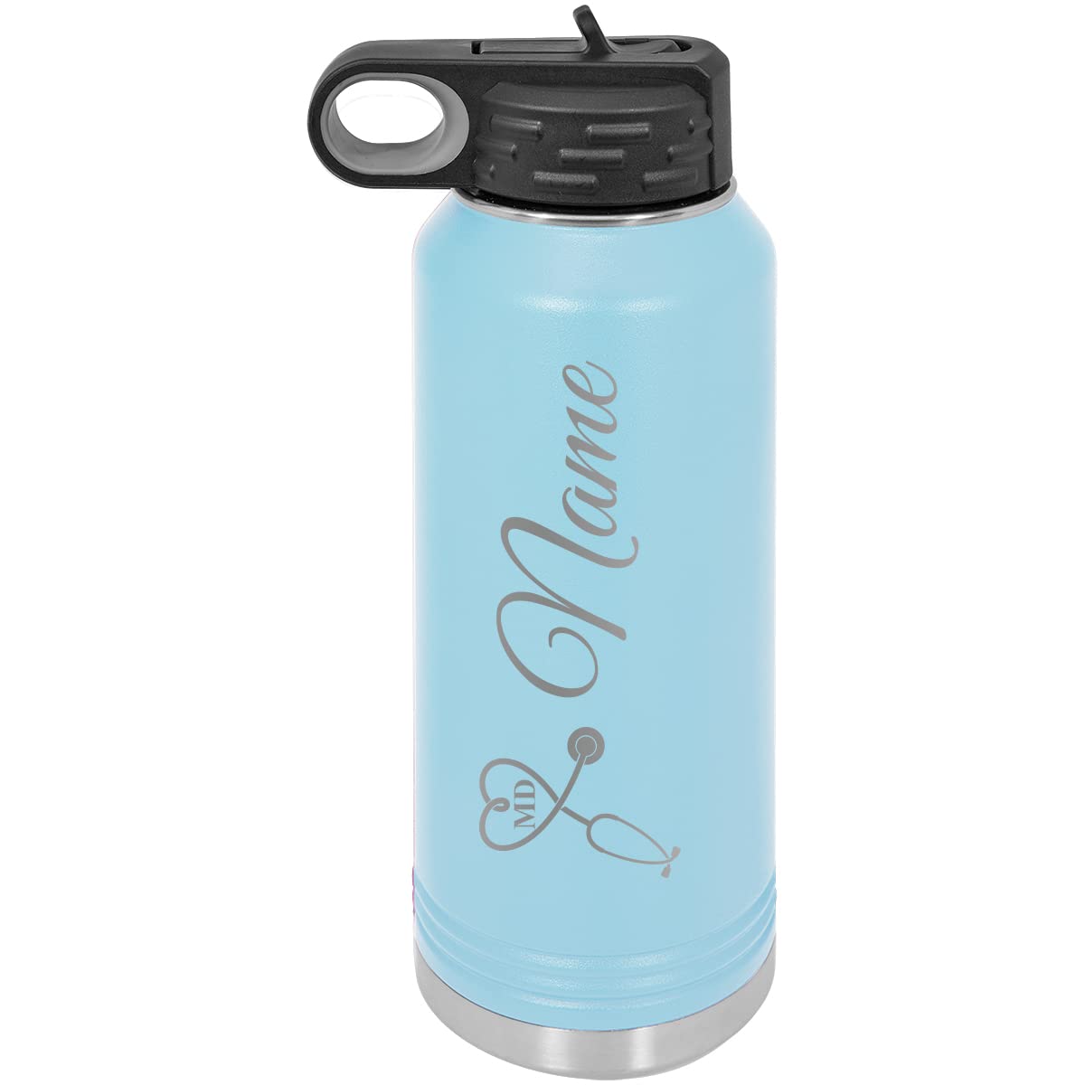 Stethoscope Doctor of Medicine MD Personalized Custom Engraved Customized Double Wall Vacuum Hot/Cold Drinks Insulated Stainless 20-Ounce Steel Sports Caduceus Water Bottle with Flip Top Lid, Straw