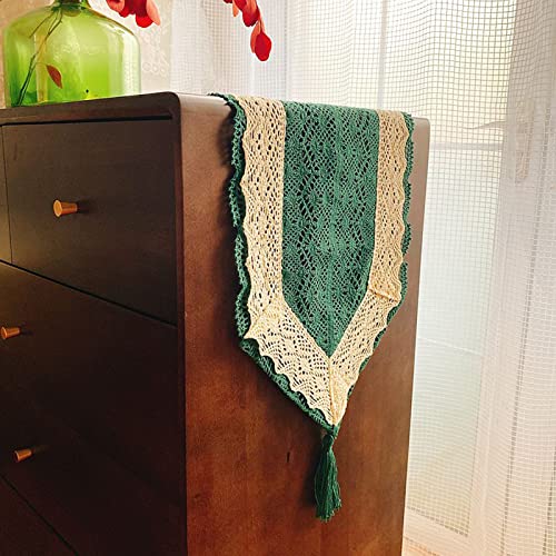 Hsvanyr Farmhouse Table Runner Dollies Dresser Overlay Runners Doilies 12X71 Inch Long Dining Table Protector Washable Crocheted Cotton Tablecloths Nightstand Scarf Green Color 100% Cotton Handmade #TOP2