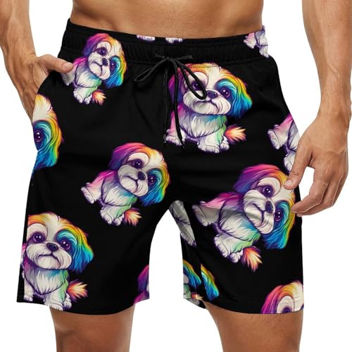 Colorful Shih Tzu Mens Swim Trunks Quick Dry Board Shorts Casual Swimsuit