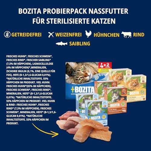 Bozita Tetra Probierpaket in Sauce mit viel Huhn, Saibling & mit viel Huhn & Rind in Gelee - 4+2-6x370g Getreide- & zuckerfreies Futter für sterilisierte Katzen, mit 7,5% Protein und 5% Fettgehalt