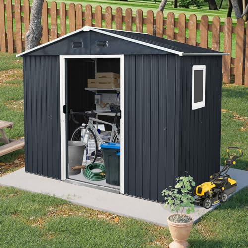 YOPTO 8x4 FT Outdoor Storage Shed,Metal Shed with Window & Floor,Garden Shed W/Air Vent & Lockable Sliding Door,All Weather Waterproof Tool House W/Sloped Roof,for Backyard,Patio,Lawn,Black+White