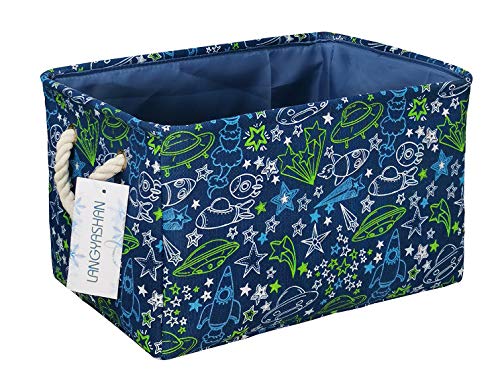 Image of LANGYASHAN Rectangular Storage Bin Collapse Canvas Fabric Cartoon Storage Basket with Handles for Organizing Home Kitchen Boys and Girls Toys Office Closet Shelf Baskets (Full Spaceship)