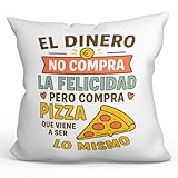 MUGFFINS Cojín con Relleno Cojines Originales para Regalar | Cojines Divertidos | Humor | El Dinero no Compra la Felicidad Pero Compra Pizza en Español | 40x40cm | poliéster | Comida v1