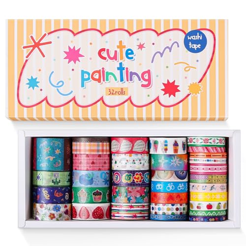 Image of 32 Rolls Washi Tape Set, Multicolored Cute Graffiti Painting Decorative Tapes, Scrapbooking and Journal Supplies, Junk Journaling Scrapbook Supplies, DIY Craft Projects Materials for Girls and Women