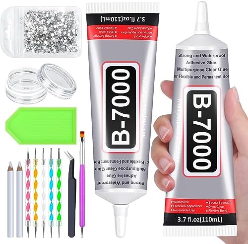 Evatage Glue of Diamond Jewelry for Crafts, 2PCS Clear Glue with Crystal Rhinestones and Tweezer Dotting Tools for DIY Clothes Fabric Shoes Jewelry Making Nail Art
