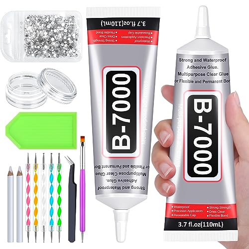 Image of B7000 Glue Clear with Precision Tip, 2Pcs 110mL Jewelry Bead Gem Glue, Strong Adhesive Bedazzling Glue with Silver Rhinestones, Dotting Pen Tool for Jewelry Making Fabric Clothes Shoes DIY Crafts