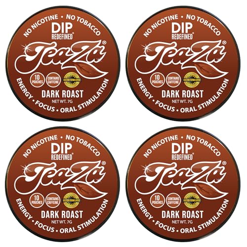 TeaZA Herbal Dip Coffee Pouches -Nicotine Free, Tobacco Free - Made with Green Tea Caffeine Energy Pouches (4 Pack)