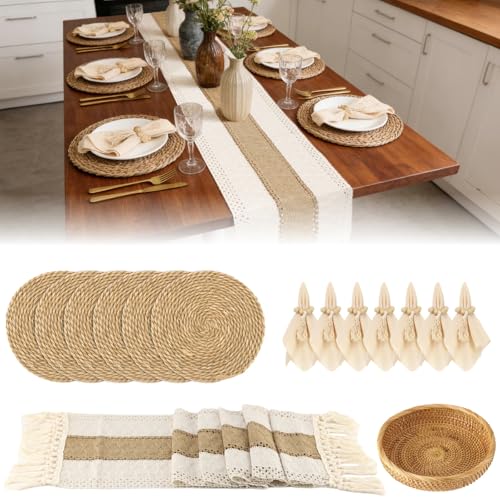 6 Sets Boho Placemats Dining Table Decor, Round Woven, Rectangular