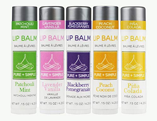 PURE + SIMPLE Duet Lip Balm Collection, Vegan, 5 Tube Set, Patchouli Mint, Lavender Vanilla, BlackBerry Pomegranate, Peach Coconut, Piña Colada, Beeswax Free Moisturize Dry Chapped or Cracked Lips.
