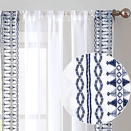 Lazzzy Sheer Curtains Bordered Boho Curtains for Living Room Bedroom Privacy White Sheer Drapes with Emdroidered Voile Drapes Window Curtain Set Rod Pocket 63 Inch 2 Panels Blue on White