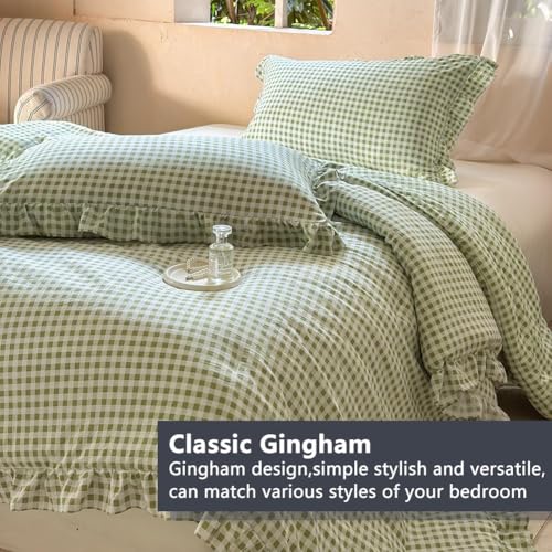 Image of NSNLGSGC Sage Green Ruffle Gingham Comforter Set King, Pre-Washed Ruffled Plaid Checked Comforter Bedding, 3 Pieces Vintage Farmhouse Grid Bedding Set(Green Gingham, King)