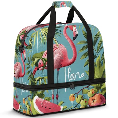 Large Weekender Overnight Bags Pink Flamingo Watermelon Travel Duffel Bag for Women Men Gym Bag With Shoe Compartment Foldie Travel Tote Bag Carry On Personal Item Bag for Travel Gym Sports