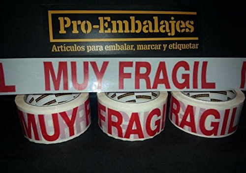 36 rollos cinta adhesiva MUY FRAGIL 66 mts x 48 mm. Polipro blanco impreso en rojo.