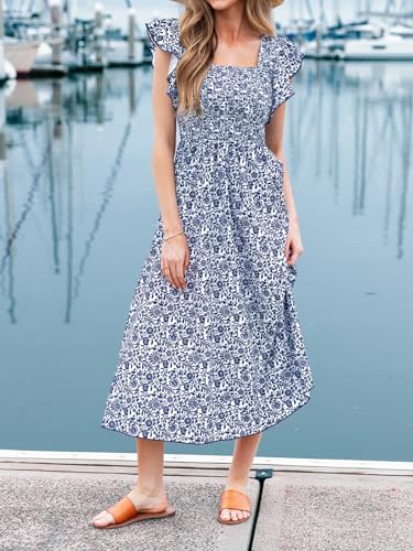 Image of CUPSHE Women's Summer Dress Square Neck Striped Smocked Dress Ruffled Cap Sleeves Dress A Line Maxi Formal Dress