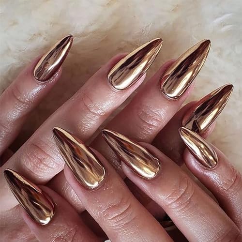 24Pcs Short Solid Color Medium Almond Fake Nails Metallic Mirror Red Black Purple Blue Golden Fake Nail Tips with Glue Glitter Square/Round Head False Nails Wearable Ballet Press on Nails