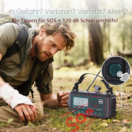 Kurbelradio DAB/DAB+/UKW, Baustellenradio Radio Batteriebetrieben, Tragbare Solar Notfallradio mit 5000mAh Wiederaufladbare Akku, LED Taschenlampe & Leselicht, IPX4, SOS-Alarm für Outdoor, Camping