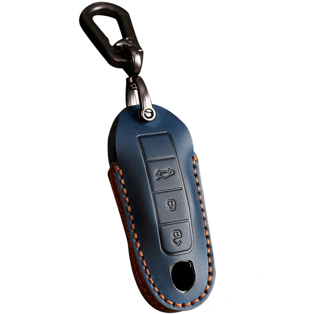 SANRILY Handmade Leather Key Fob Cover for Porsche Macan 2020 2021, Cayenne Panamera 911 Keyless Key Holder Key Protector Case with Keychain Blue