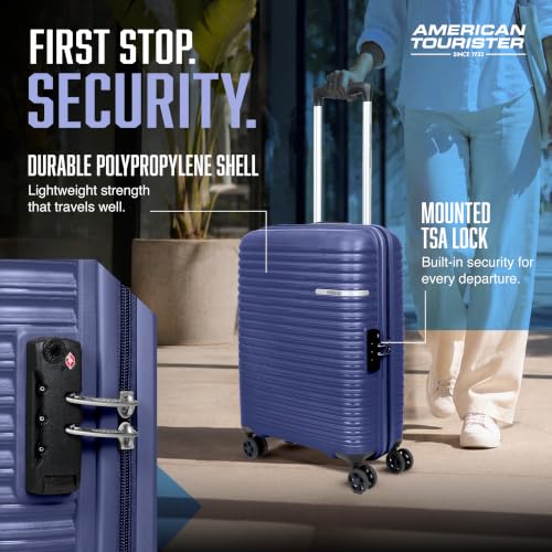 Image of American Tourister Liftoff+|Small Size Cabin Trolley Bag (55 cm) for Travel|360 8 Wheel Spinner Travel Luggage|Hard Case Polypropylene (PP) Suitcase|Mounted TSA Lock|Midnight Blue