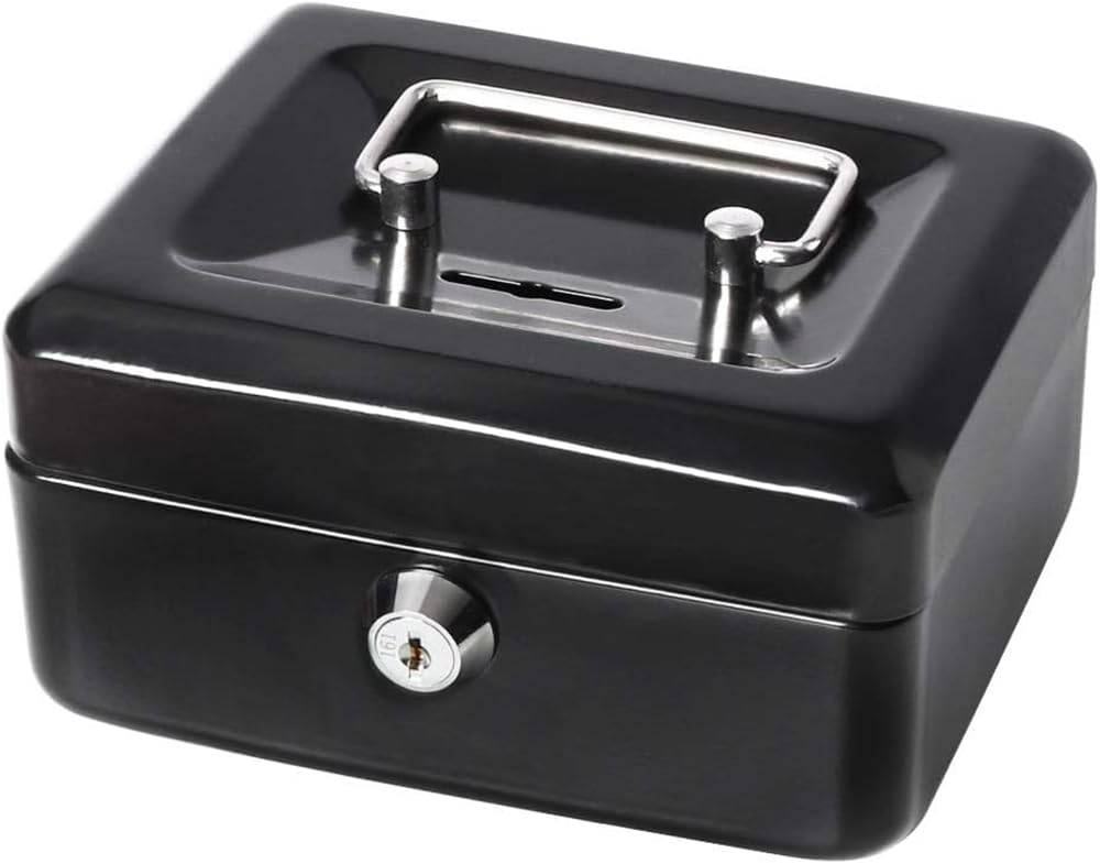 Arooma Small Cash Box with Key Lock & Top Slot, Metal Money Coin Piggy Bank for Adults and Kids (12.5x9.5x6cm) Black
