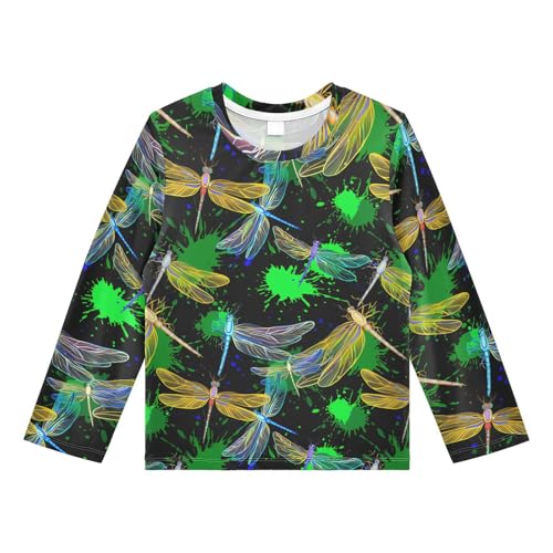 Dragonfly Green Splatter Black Boy's Rash Guard Swim Shirt Long Sleeve Sun Shirt for Beach Pool Sport UPF50+ 4T