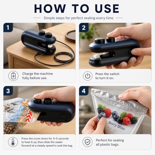 Image of MODORA 2-in-1 Mini Sealing Machine with Cutter - Handheld Heat Sealer & Packet Sealer for Food, Chips, Snacks | USB Type-C Rechargeable, Magnetic, Airtight Seal | No Preheating + 2 WALL HOOKS