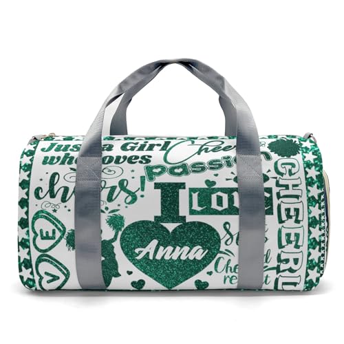 Custom Cheerleader Green Bling Print Duffel Bag with Name Child Kids Adjustable Shoulder Strap Travel Bag for Boys Girls Teens