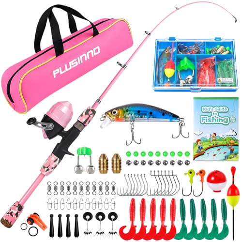 Image of PLUSINNO Kids Fishing Pole with Spincast Reel Telescopic Fishing Rod Combo Full Kits for Boys, Girls, and Adults (Pink, 150cm 59.05In)