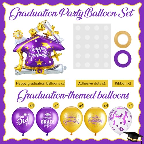 Jenaai Purple and Gold 27 Pcs 2026 Graduation Balloon Centerpiece with Stand Congrats Grad You Did It Graduation Cap Balloons Column Tower Kit for High School College Party Table Decorations by Jenaai - Used condition - Image 3