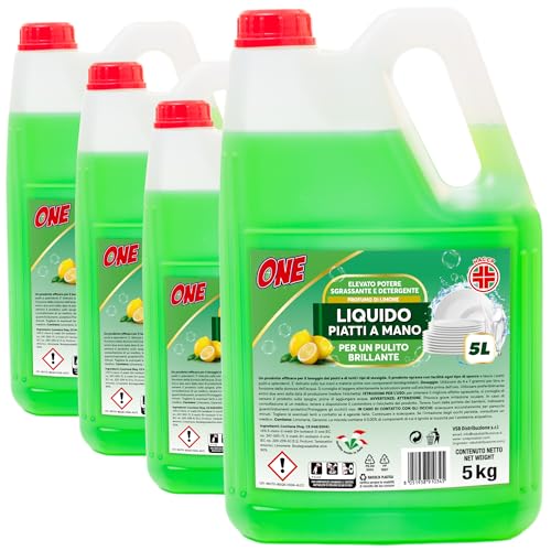 ONE - 20 Litri di DETERSIVO LIQUIDO DETERGENTE PIATTI A MANO al profumo di LIMONE (Pacco con 4 x taniche da 5 lt ciascuna) - Elevanto potere sgrassante e detergente per un pulito brillante