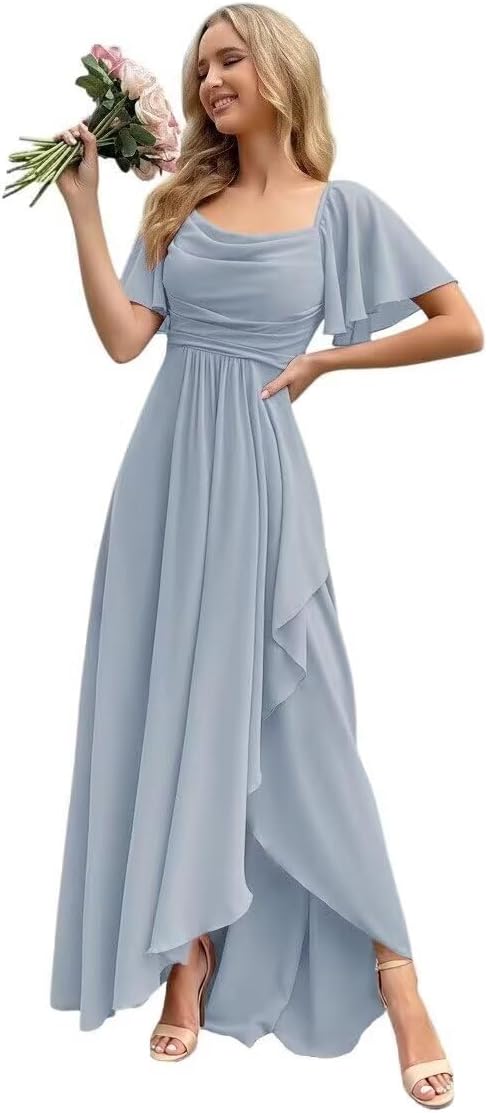Short Sleeves Bridesmaid Dresses for Women Chiffon Maxi Ruffle Prom Dress Split A Line Long Formal Evening Party Gowns