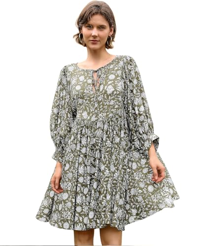 Image of Boho Dresses for Women Floral V Neck Puff SLVS Babydoll Short Beach Dress