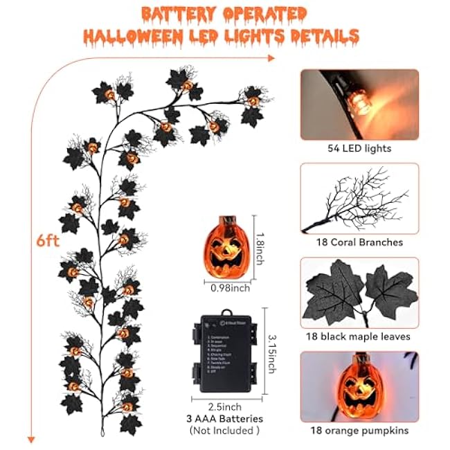 6 FT 54 LED Halloween Lights, 8 Modes & Timer Battery Operated Halloween Pumpkins Lights with Willow Vine Twig Garland, 3D Waterproof Decorations Lights for Indoor Outdoor Party Fireplace