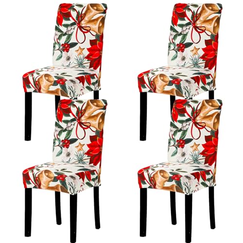AnyDesign 4Pcs Christmas Chair Slipcovers Vintage Xmas Red Poinsettia Pattern Dining Chair Covers Protector Removable Stretch Elastic Seat Covers for Home Kitchen Living Room Hotel Office