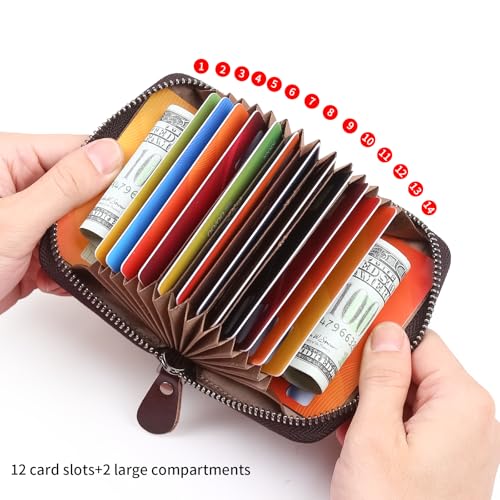 Genuine Leather Credit Card Holder Case RFID Blocking Travel Passport Wallet， Small Card Case for Men Accordion Wallet with Zipper ，Compact Size (Coffee)3