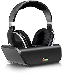 MONODEAL Fones de ouvido de TV sem fio, fones de ouvido supra-auriculares para assistir TV com base de carregamento, transmissor RF de 2,4 GHz, alcance sem fio de 30 metros e bateria recarregável de 20 horas, preto