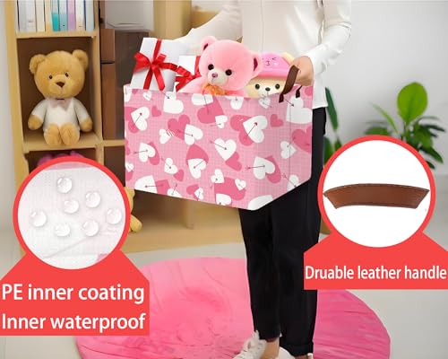 Image of Large Valentine's Day Basket Heart Shaped Storage Bin for Gifts Collapsible Organizer Room Decor (Arrow White Pink Love)