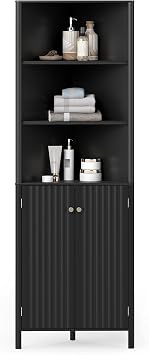 COSTWAY Corner Bathroom Tall Cabinet, Freestanding Slim Bathroom Storage Unit with 2 Fluted Doors & Open/Adjustable Shelves, 172cm High Wooden Narrow Floor Cupboard for Living Room Kitchen Black