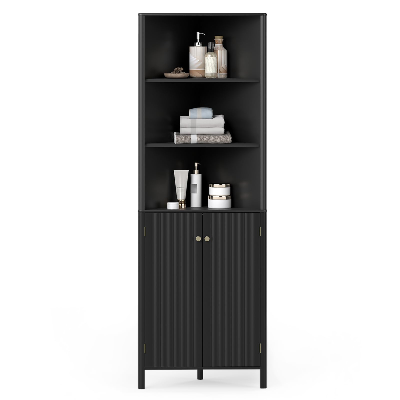 COSTWAY Corner Bathroom Tall Cabinet, Freestanding Slim Bathroom Storage Unit with 2 Fluted Doors & Open/Adjustable Shelves, 172cm High Wooden Narrow Floor Cupboard for Living Room Kitchen (Black)