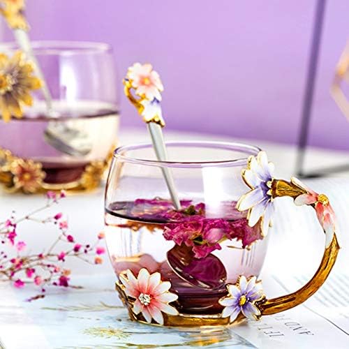 Glass Coffee Mug with Spoon Set 12 Ounce LeadFree Handmade Christmas Gifts for Mom, Wife, Sister, Women, Girlfriend, Birthday Gifts for Women Best Tea Cup Flower Enamel Design
