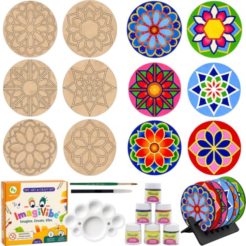 Image of ImagiVibe Premium Mandala Coaster Painting Kit for Kids & Adults | DIY Mandala Art | 6 Pre-Marked Wooden 4 Inch MDF Coasters with Stand | Creative Art & Craft Activity | Gift (Mandala - Acrylic Paint)
