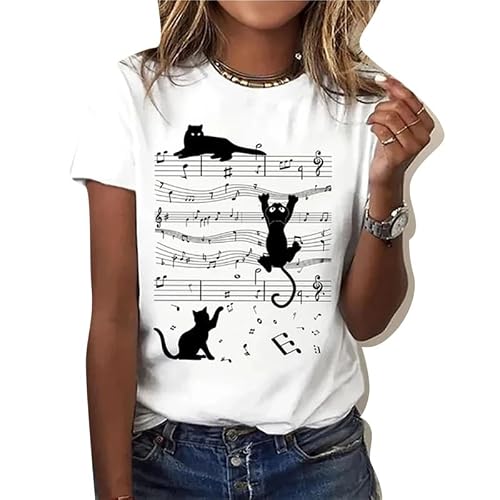 Famesale Women's # 6 Music Notes Printed T-Shirt Fashion Y2k Top Music Series Printed Short Sleeve T Shirts Girls Oversized Harajuku Tees
