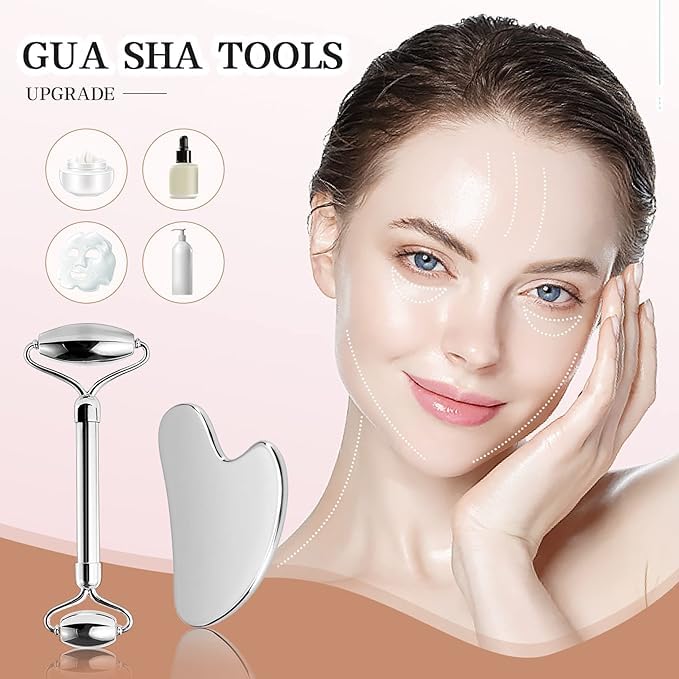 Image of Stianless Steel Roller & Gua Sha Set | Skin Tightening Anti-Aging Facial Roller Massager for Women & Men | Skin Care Tool for Face, Neck, Eye to Reduce Wrinkles, Fine Lines, Jawline