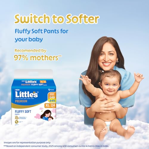 Image of Little's Premium Baby Diapers XL Size (Extra Large) Pants Style | 12-17 kg | 24 Count - Pack of 5 | FluffySoft Baby Diaper with Leakage Guard, Wetness Indicator & 12 Hours Absorption